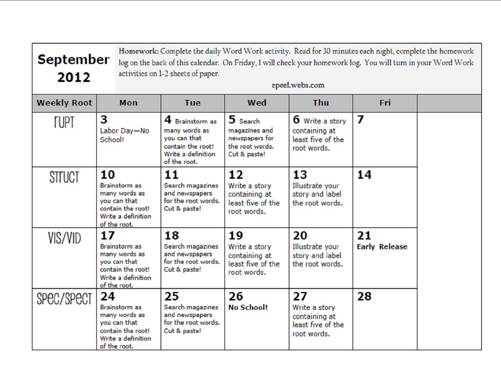 Monthly homework calendar template picture