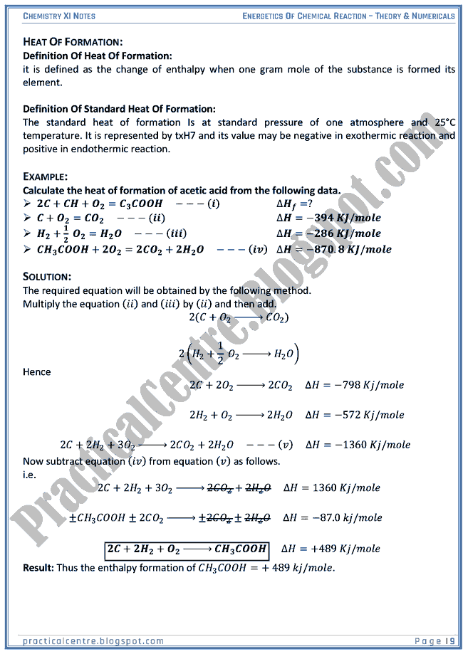 Energetics Of Chemical Reaction - Theory And Numericals (Examples And Problems) - Chemistry XI