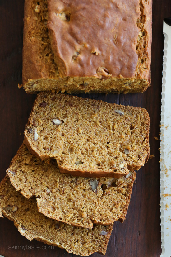 Pumpkin Banana Pecan Bread – made light by swapping most of the butter for pumpkin puree, bananas and apple sauce!