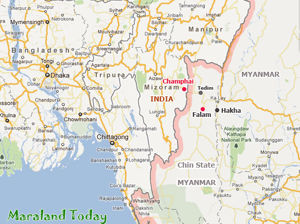 Indoa-Myanmar Border Map showing Champhai town in India and Hakha, Falam and Tedim in Myanmar