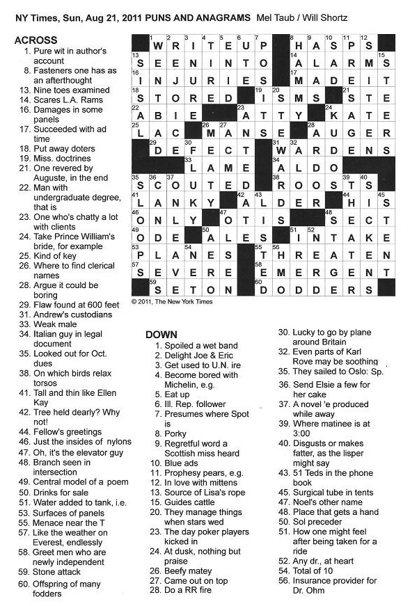 The new york times crossword in gothic: 08.21.11 — puns and anagrams The New York Times Crossword in Gothic: 08.21.11 — Puns and Anagrams
