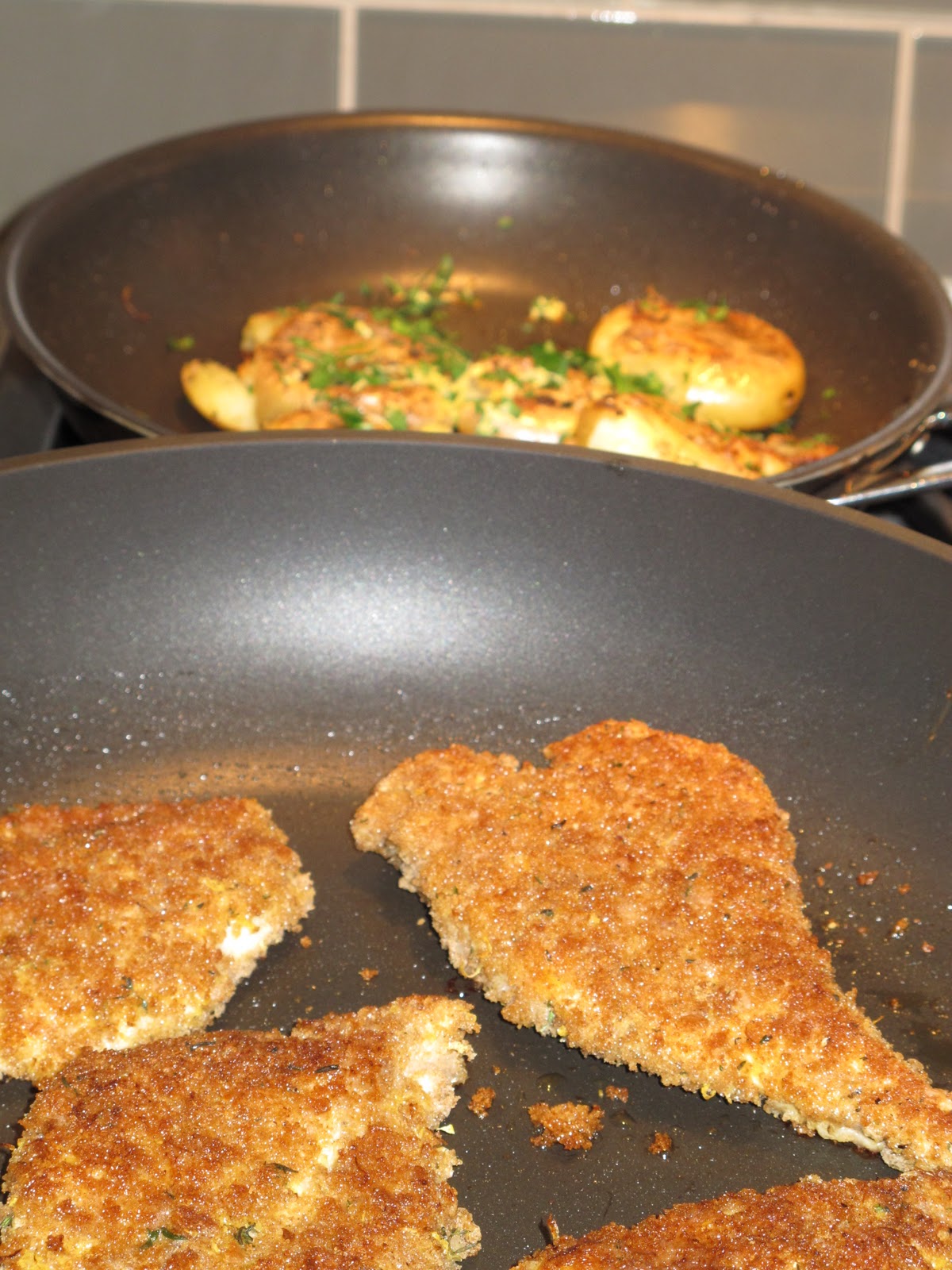 NourishRDs Chicken Schnitzel with SmashedFried Herbed Potatoes