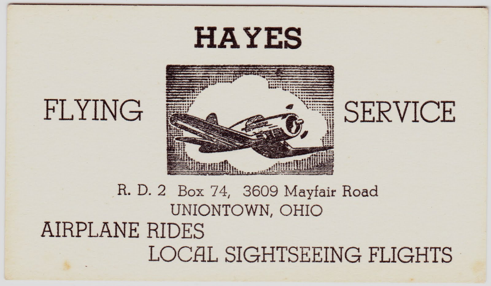 Papergreat Old business card for Hayes Flying Service