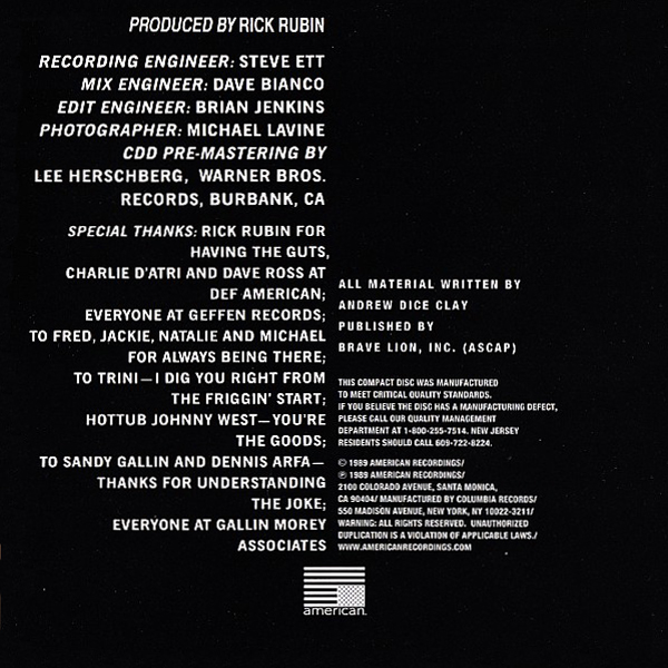 Vintage Standup Comedy Andrew Dice Clay Dice 1989