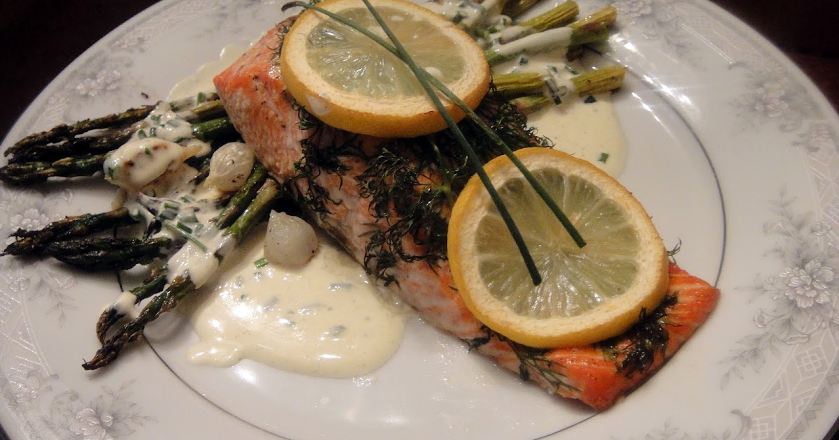 Bon Appétit Baked Salmon with Roasted Asparagus and MustardChive Sauce