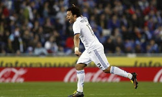 Marcelo celebrates his goal against Espanyol
