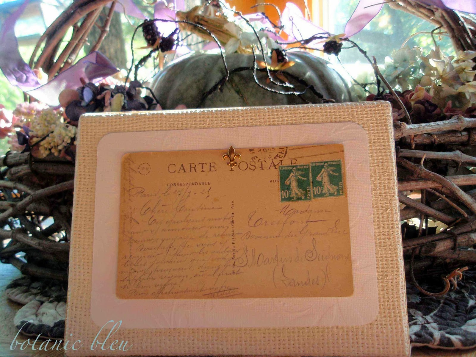 Botanic Bleu Burlap Canvas Paris Postcard