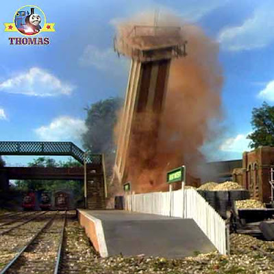 Great Discovery Thomas tank causing Stanley the train to crash into the water tower knocking it over