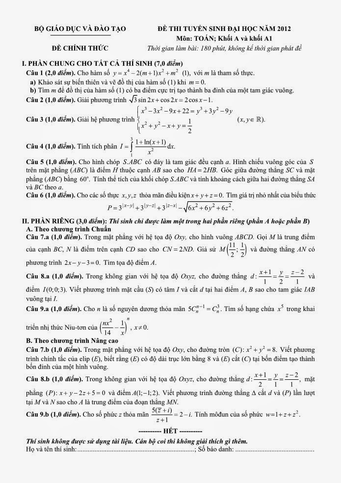 Tổng hợp đề thi đại học và đáp án môn toán khối A 2012 Tổng hợp đề thi đại học và đáp án môn toán khối A 2012