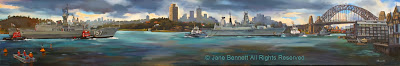 plein air oil painting by artist Jane Bennett of HMS Daring and HMAS Perth departing under the Sydney Harbour Bridge during International Fleet Review