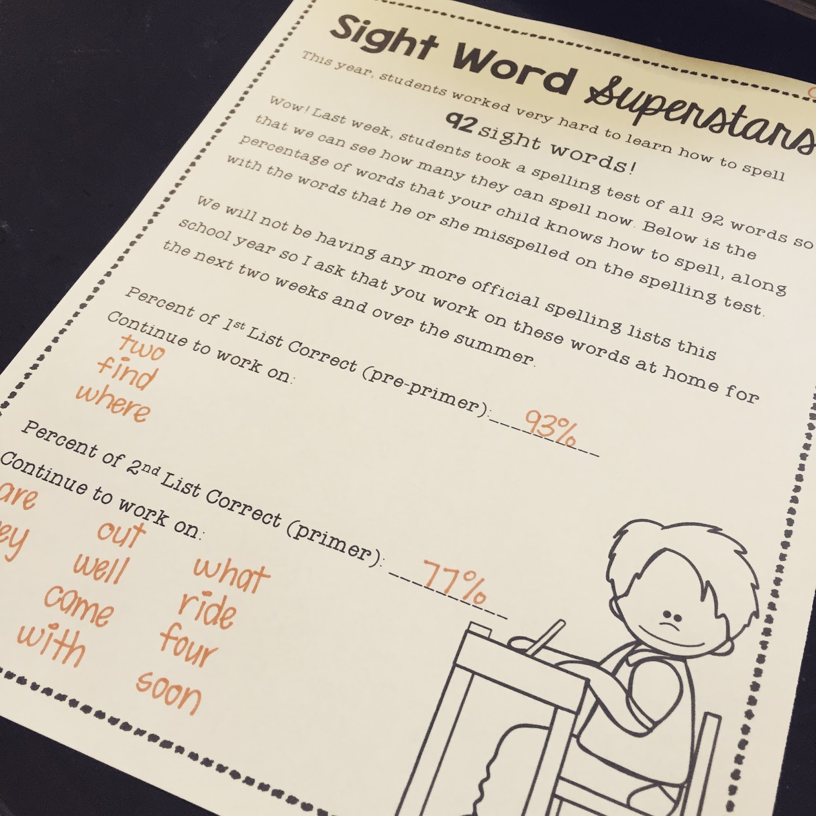 Firstie Favorites Communicating Progress to Parents Sight Word Note!