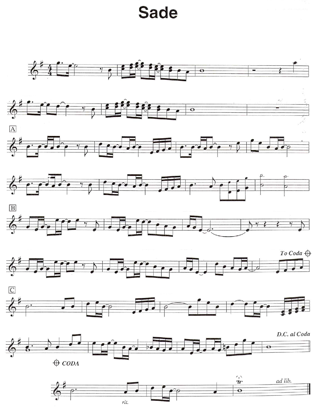 Partitura para saxo de Sade Kenny G Partituras y pistas para saxo