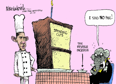 Mike Luckovich cartoon: Obama serving GOP huge spending cuts, tiny revenue increases