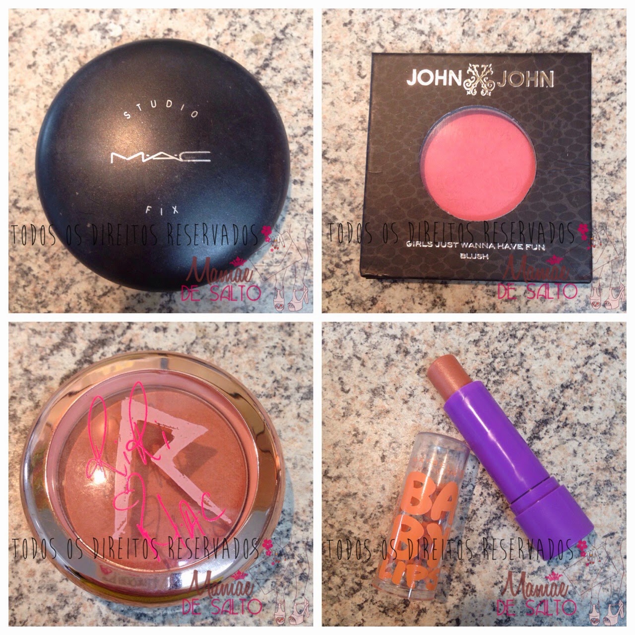 pó facial studio fix MAC, blush bad girl gone good RiRiMAC, Girls Just Wanna Have Fun blush baby talk John John, LipBalm Baby Lips Peach Kiss Maybelline - todos os direitos reservados ao blog Mamãe de Salto
