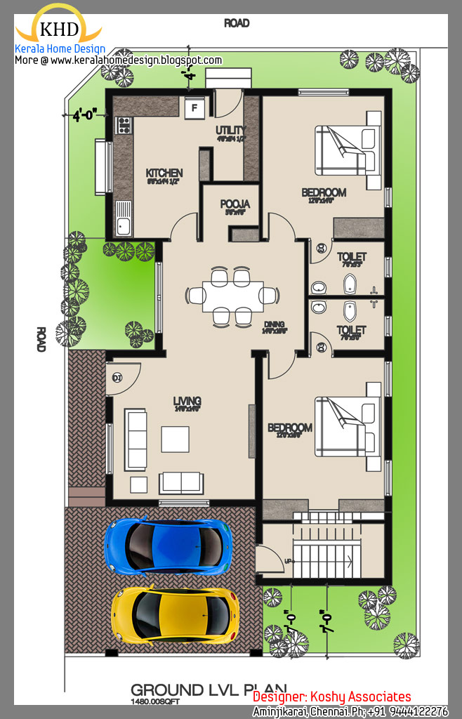 Single Floor House Plan and Elevation - 1480 Sq. Ft. ~ Kerala ...