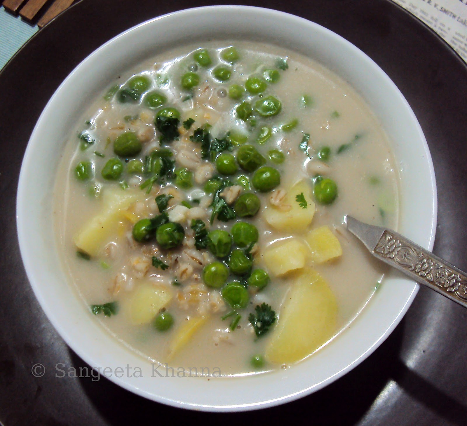 pearl barley and green peas soup in a coconut milk broth...
