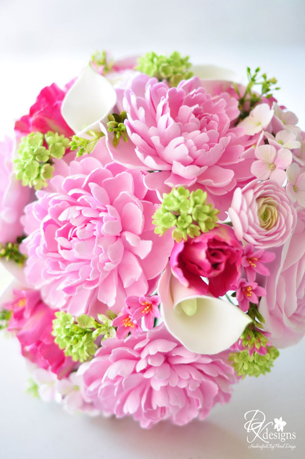 Pink and Green Bridal Bouquet and Boutonniere DK Designs