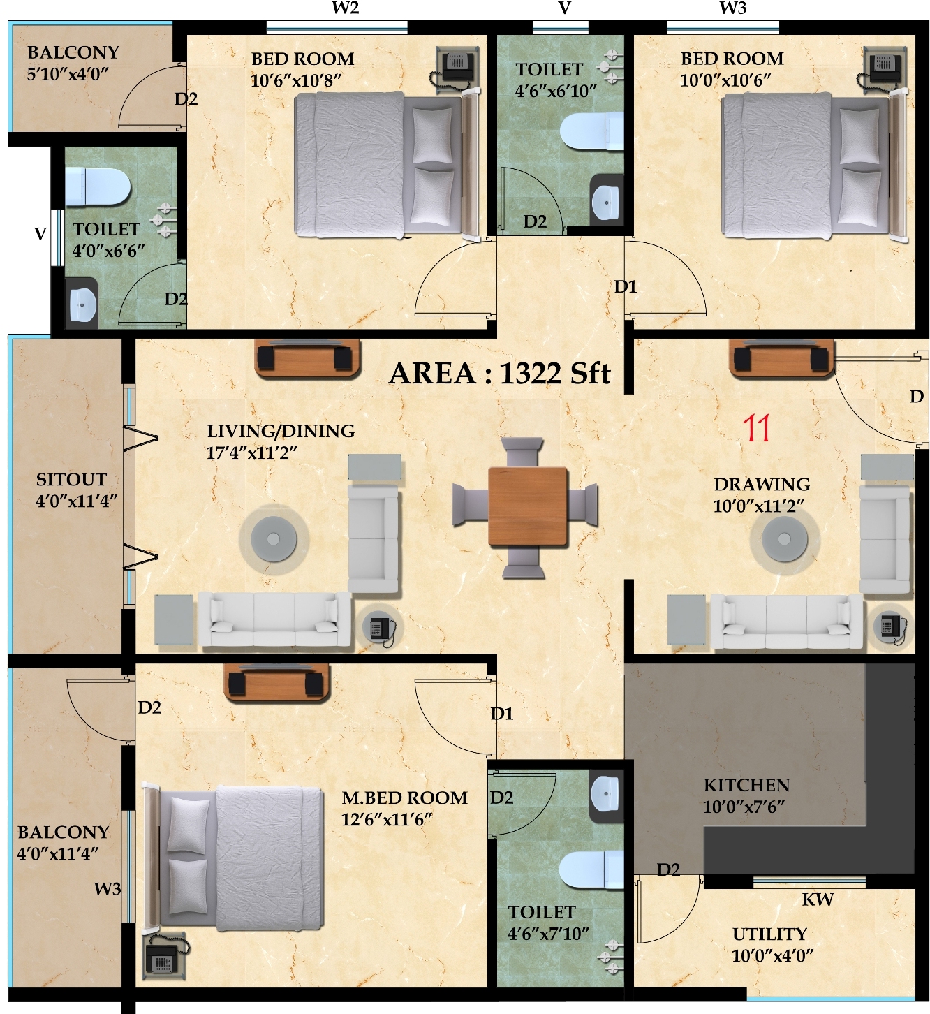 3 Bedroom Apartment Interior Design India