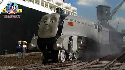 Thomas and friends Spencer the train is big and gleaming silver colored rail lines exceedingly fast