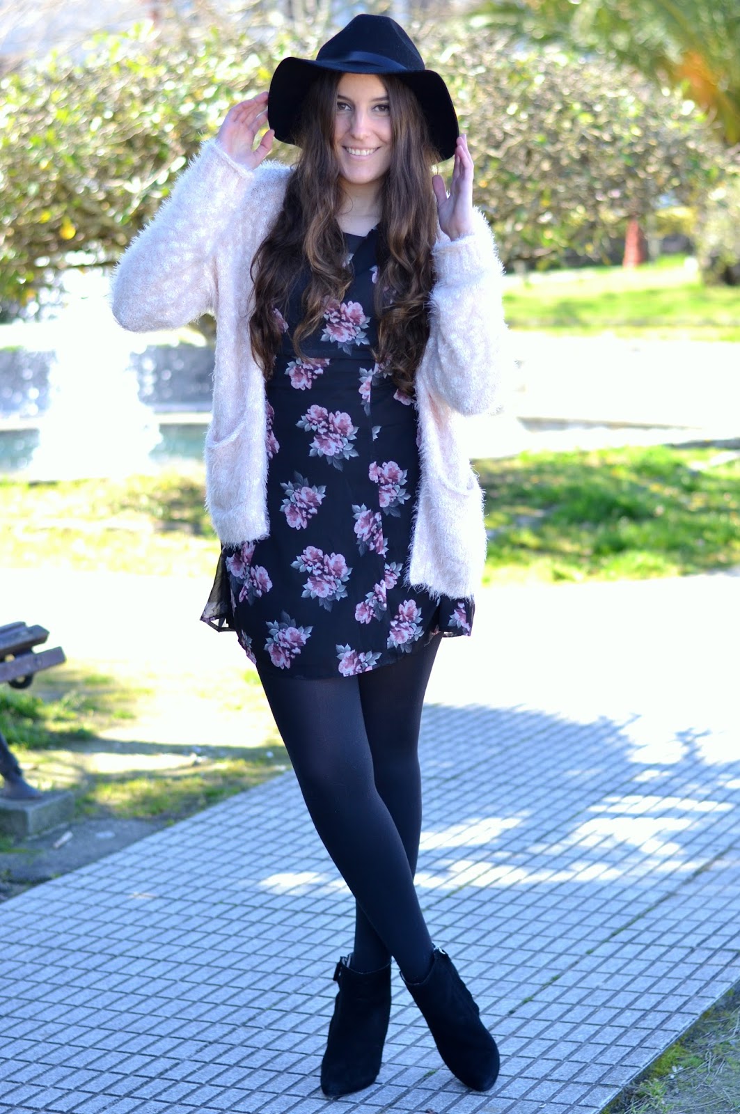 fuzzy jacket and floral print dress