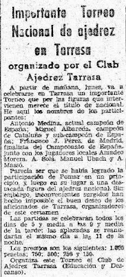 Recorte de El Mundo Deportivo sobre el I Gran Torneo de Ajedrez de Terrassa 1945