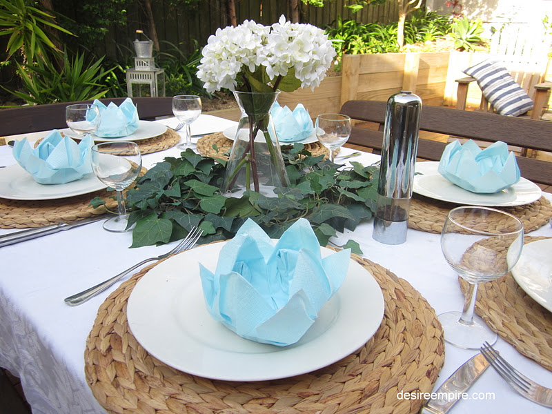 Blue and White Tablescape and How to Fold a Lotus Flower Napkin