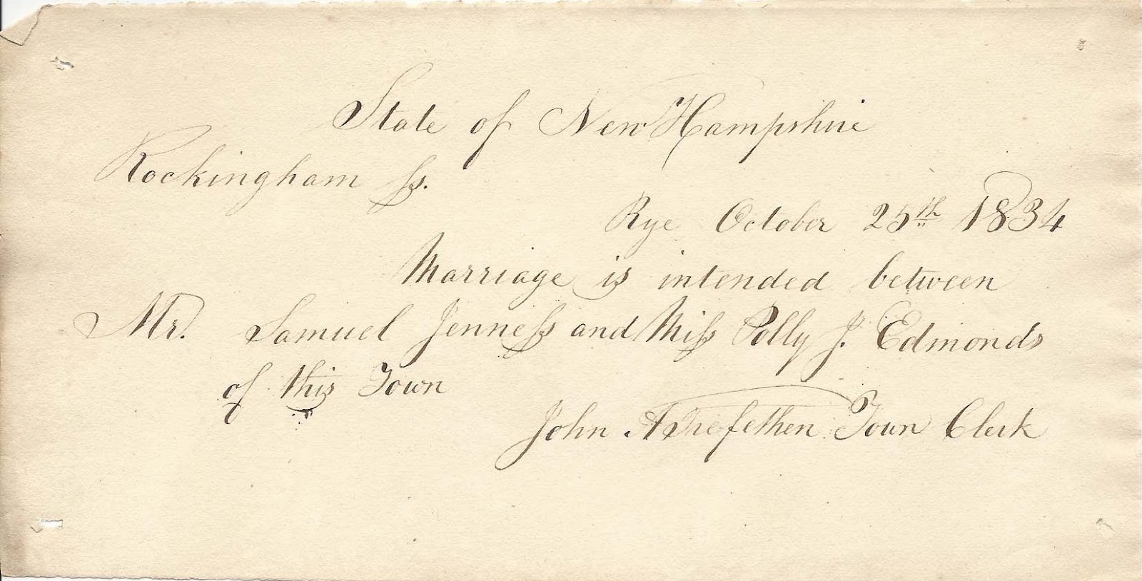 Heirlooms Reunited 1834 Handwritten Marriage Intention of Samuel Jenness and Miss Polly Edmonds