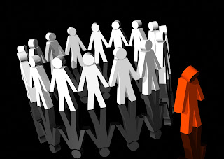 Illustration of discrimation with a red figure kept outside a circle of white figures holding hands.