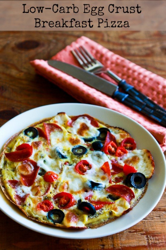 LowCarb EggCrust Breakfast Pizza with Pepperoni, Olives, Mozzarella