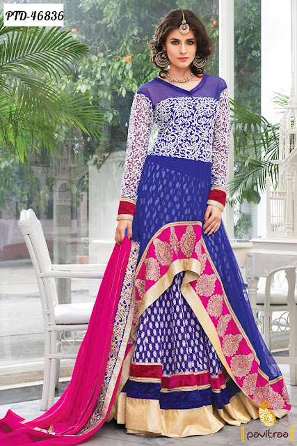 Blue and pink color chiffon anarkali salwar suit online shopping with discount delas and offer at pavitraa.in