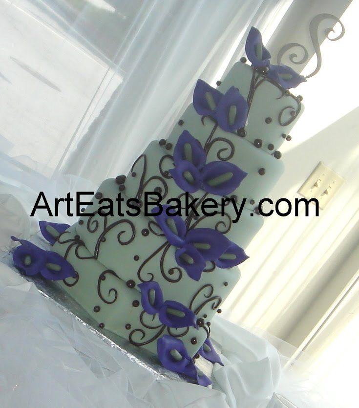 Five tier custom designed pale green fondant wedding cake with bronze swirls