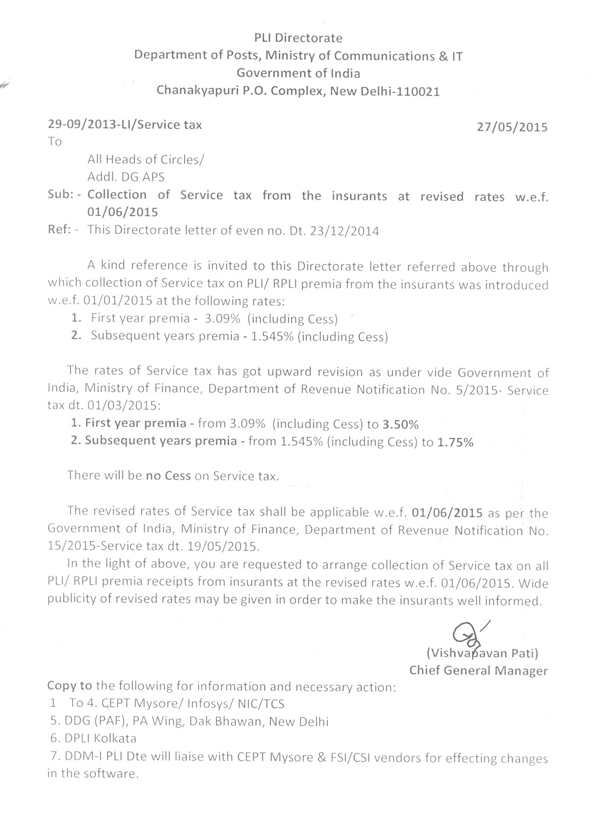 Revision of Service Tax on PLI w.e.f 01.06.2015 DOP Core Solutions