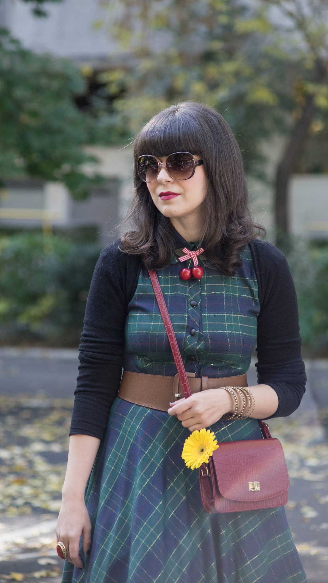 fall midi tartan dress burgundy boots bag koton brown belt cherries accessory yellow gerbera