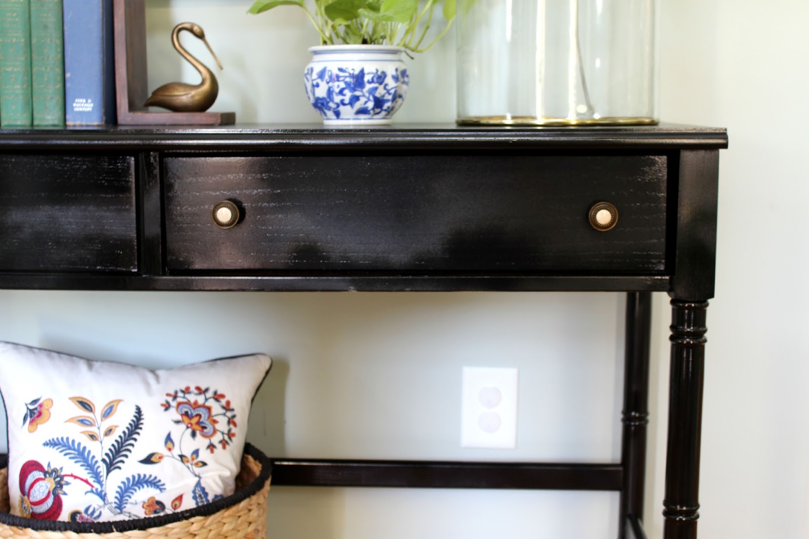 Ten June Entry Update Glossy Console Table + Vintage Rug