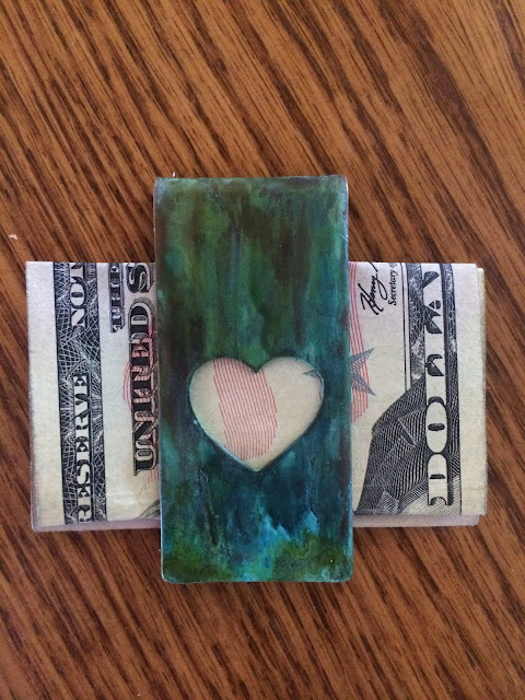 Green Heart Moneyclip Money clip with a heart cut out. Green patina