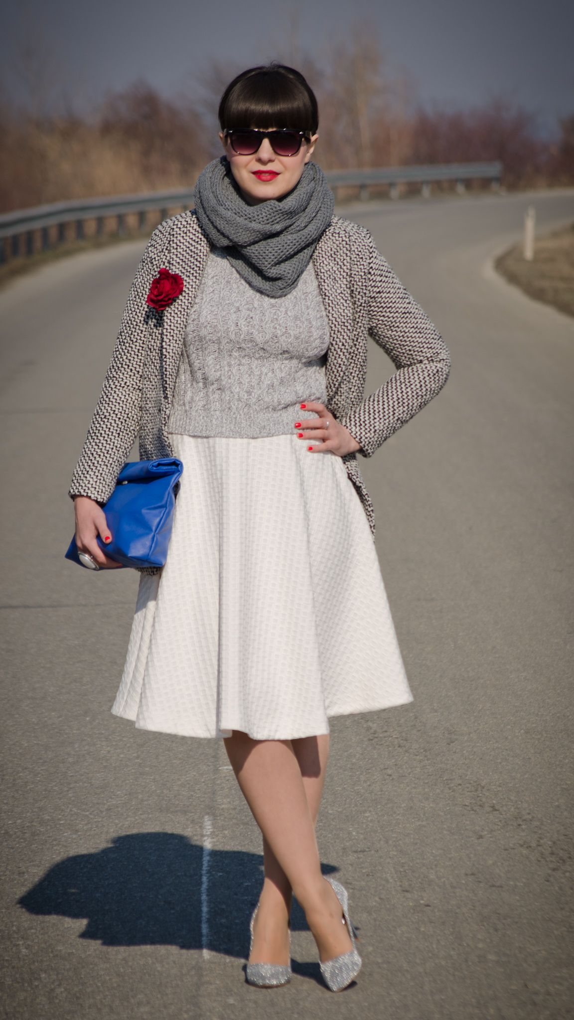 white full circle h&m skirt grey sweater sheinside coat scarf grey sparkly heels cobalt blue clutch new yorker