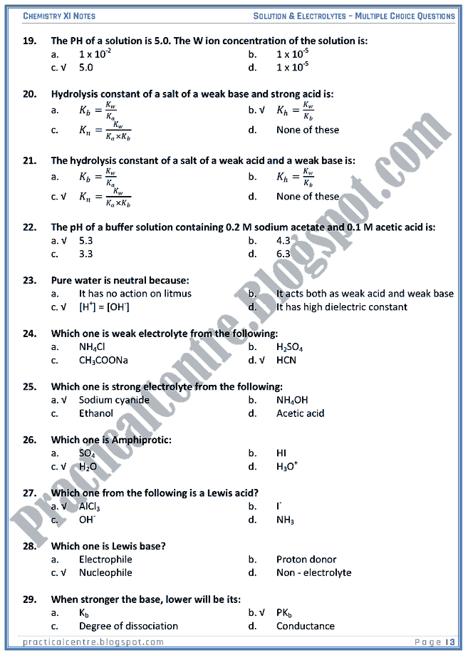 Solutions And Electrolytes - MCQs - Chemistry XI