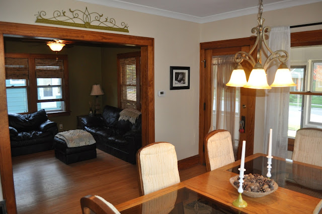 dining room, crown moulding, paint, candles, curtain holdbacks