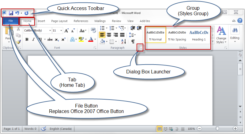 four parts of microsoft word ribbon