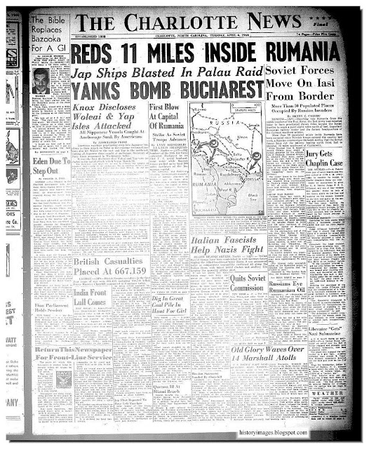 Newspaper heading April 4 1944 Reds 11 miles inside Romania