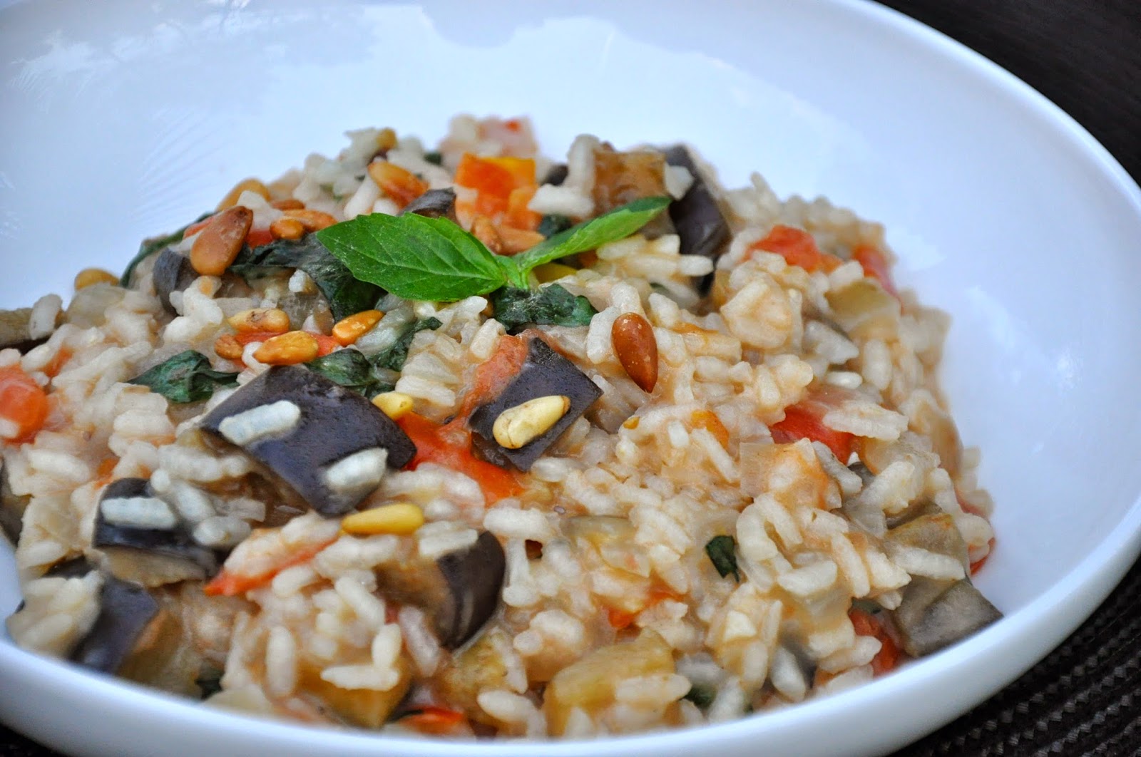 My Clean Cuisine Eggplant and Tomato Risotto with Pine Nuts & Basil
