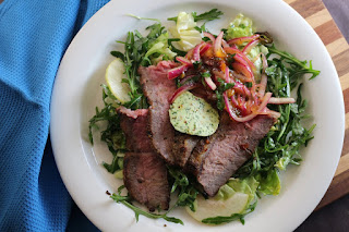 Grilled Dry Rubbed Porterhouse on Pear Salad, Red Onion Relish