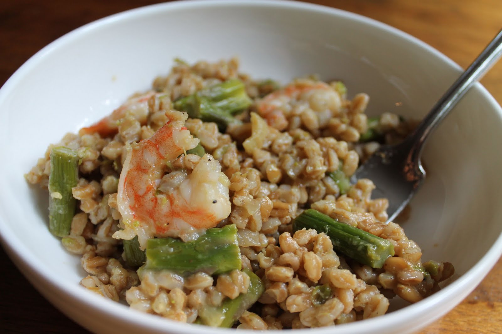 soulful college girl. Farro Risotto with Shrimp and Asparagus