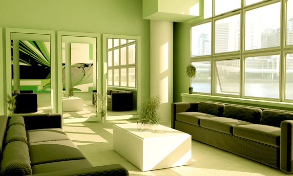 Идея интерьера комнаты зелёного цвета в модерне 