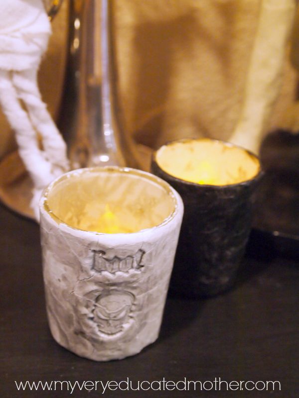 Super Easy DIY Halloween Candle Holders with Clay and PSA Essentials Peel & Stick Stamps.