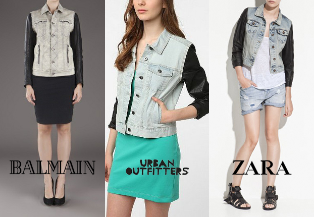 Denim jacket with leather sleeves: balmail vs urban outfitters vs zara