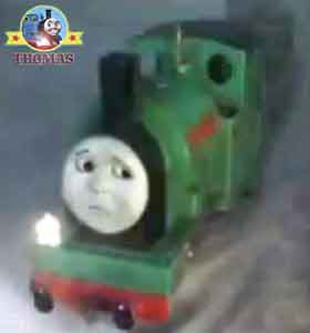 Thomas the tank engine Peter Sam the train narrow gauge railway track shining in the night sky mist