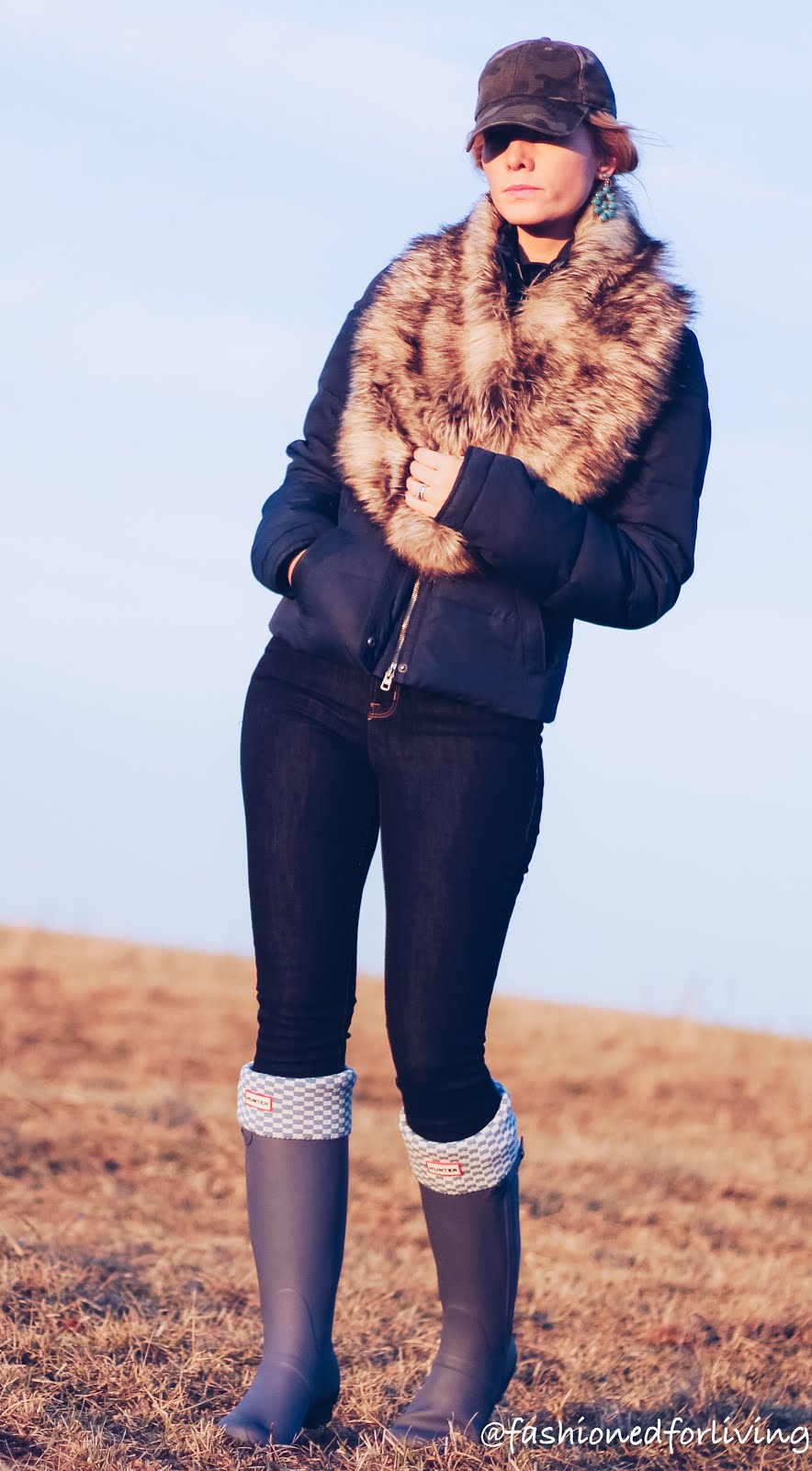 Fashioned For Living: hunter boots outfit with faux fur, high waisted