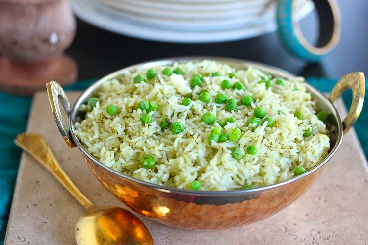 Blessings From My Kitchen Green rice pulao with mint, cilantro and peas