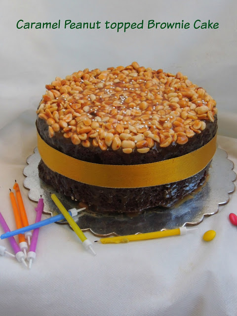 Caramel Peanuts topped Brownie cake,brownie cake with caramel peanuts